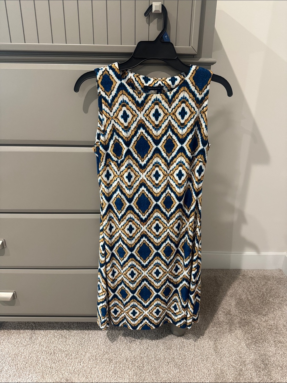 Tommy Hilfiger Blue, Gold & White Diamond-Pattern Sleeveless Sheath Dress